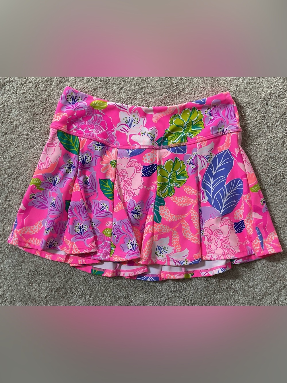 Lilly Pulitzer Hot Pink Floral Skater Skirt with Green & Purple Accents
